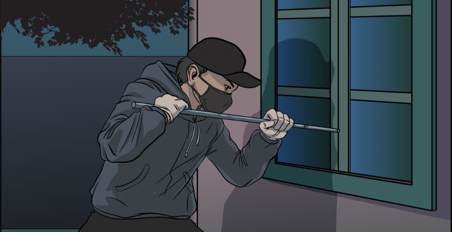Illustration of burglar forcing entry through a window in Ventura